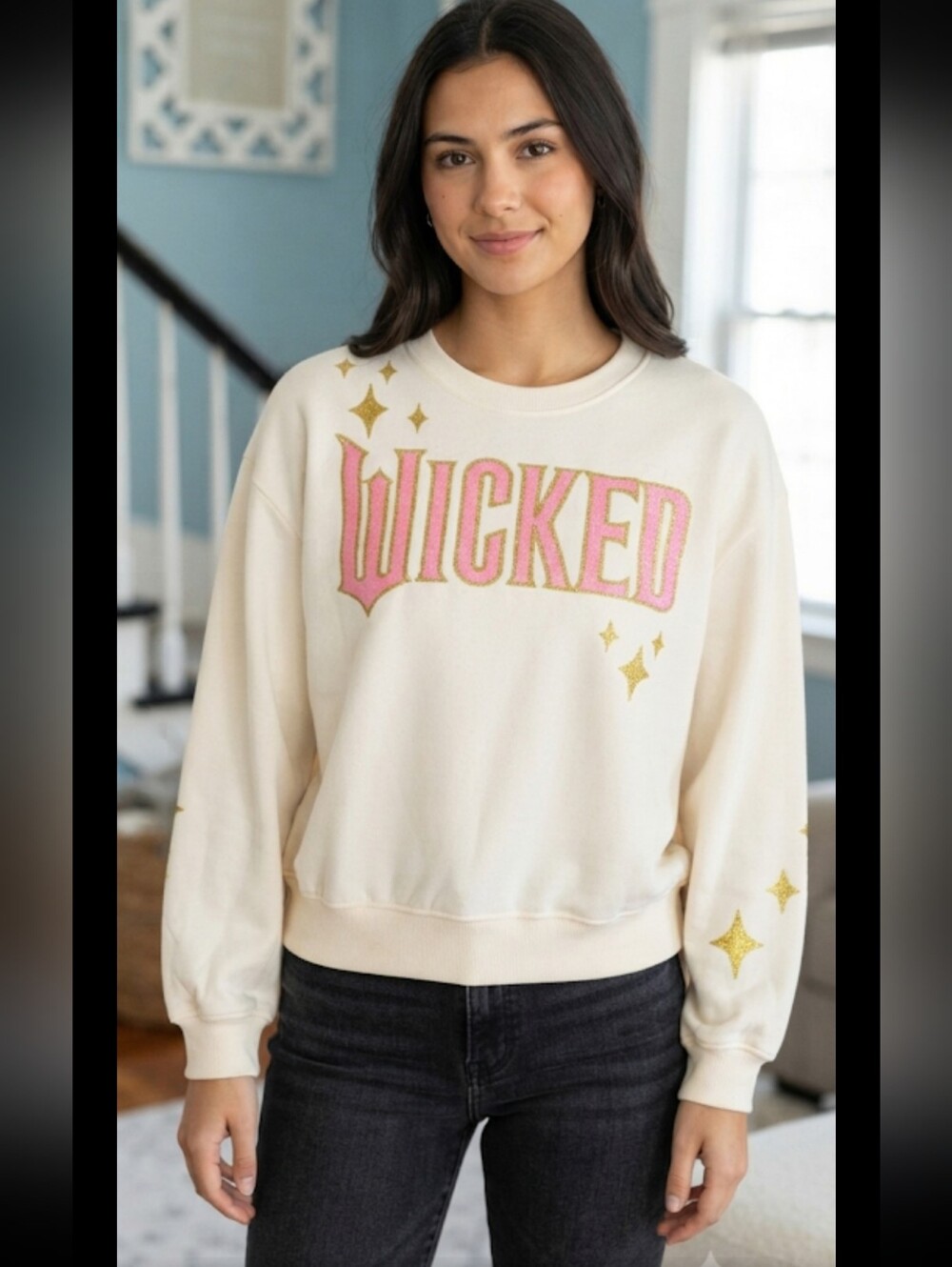 Wicked Graphic Crewneck Sweatshirt - Cream with Pink & Gold Accents Oversized